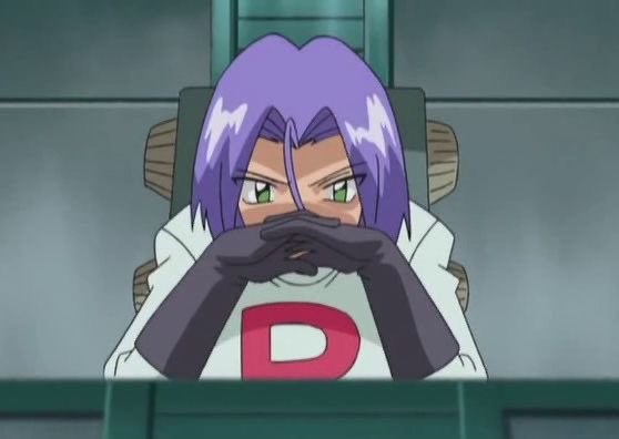 An anime character with purple hair and green eyes, wearing a white shirt with a red 'D' on it, sitting with hands clasped in front of their face.