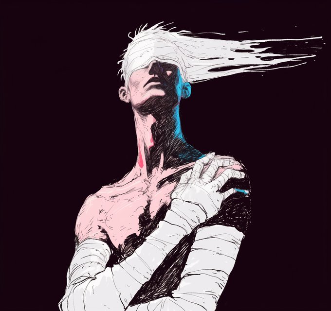 A stylized digital illustration of a pale figure with long flowing white hair wrapped in bandages, set against a dark background with cyan and pink lighting accents.