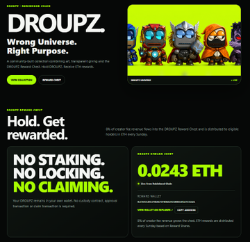 A cryptocurrency website screenshot for 'DROUPZ' describing it as 'Wrong Universe. Right Purpose' with text 'Hold. Get rewarded.', 'NO STAKING. NO LOCKING. NO CLAIMING.' and showing '0.0243 ETH'.