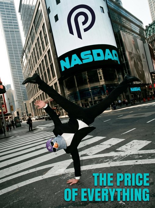 A person in a suit and penguin mask does a handstand on a city crosswalk in front of the NASDAQ building, with the text 'THE PRICE OF EVERYTHING' overlaid at the bottom.