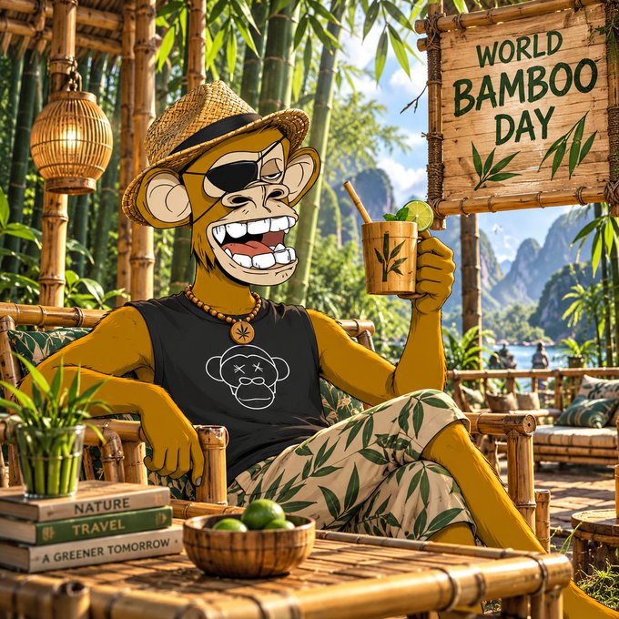 A cartoon illustration of a smiling monkey wearing a straw hat and sunglasses, sitting in a bamboo setting holding a drink, celebrating 'WORLD BAMBOO DAY' with books titled 'NATURE,' 'TRAVEL,' and 'A GREENER TOMORROW.'