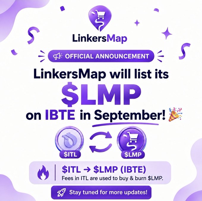 The image is an official announcement from LinkersMap featuring their purple shopping cart pin logo, stating that $LMP will be listed on IBTE (InterLink Business Token Exchange) in September. The graphic illustrates the token conversion process, showing that fees collected in $ITL will be used to buy and burn $LMP through the IBTE exchange.