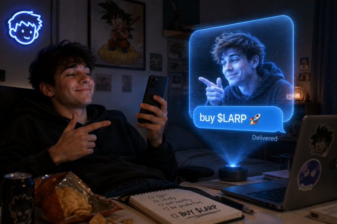 A young man smiles and holds up his phone in a dark, gamer-style bedroom, while a glowing blue hologram projecting from a small device displays a message bubble reading "buy $LARP 🚀 Delivered" alongside an image of him pointing to himself—visualizing the post's joke about his future self texting him crypto advice.