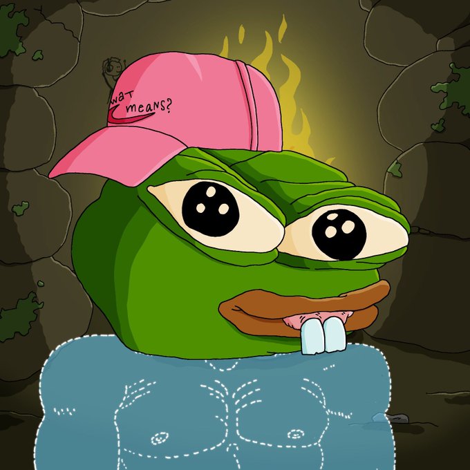 The image shows a cartoon Pepe the Frog wearing a pink cap with the text "WATT means?" and a blue hoodie, set against a dark cave background. The post's casual "gm mfers" greeting and reference to "goofyz" NFTs pairs with the meme's playful, degen crypto culture aesthetic.