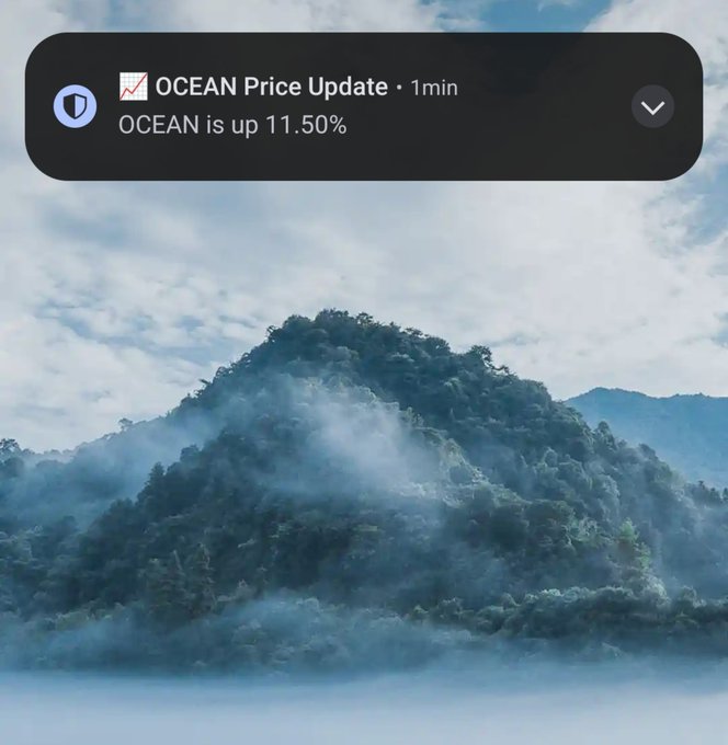 A phone notification showing "OCEAN Price Update · 1min - OCEAN is up 11.50%" overlaid on a serene misty mountain landscape, capturing the post's theme of a rewarding crypto gain paired with the natural beauty symbolism of the Trust Wallet-sourced background.