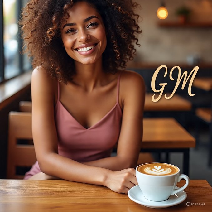 An AI-generated image showing a smiling woman with curly hair sitting at a wooden café table with a cappuccino featuring latte art. The text 'GM' appears in the upper right corner, with a 'Meta AI' watermark.
