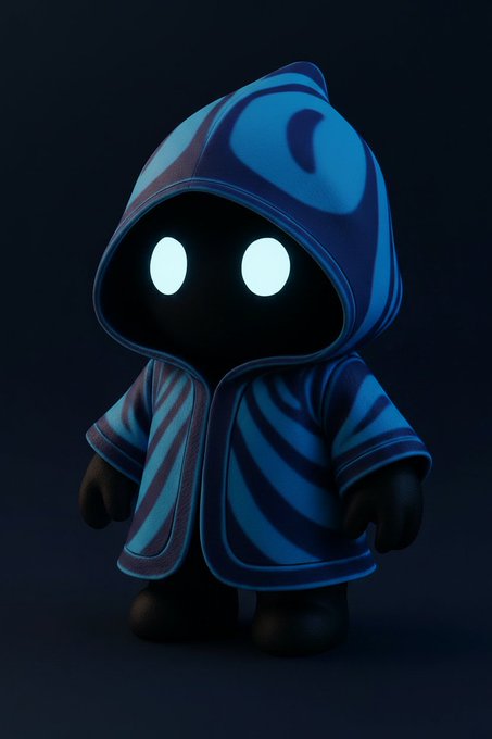A 3D rendered character resembling a stylized, hooded figure with a dark face and glowing cyan eyes, wearing a blue and dark blue swirled patterned robe.