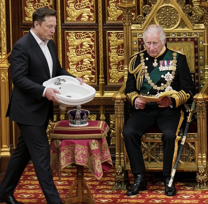 This digitally altered image humorously depicts Elon Musk presenting a toilet to King Charles III in a royal setting. The image serves as a satirical commentary on Musk, referencing the "sink" meme.