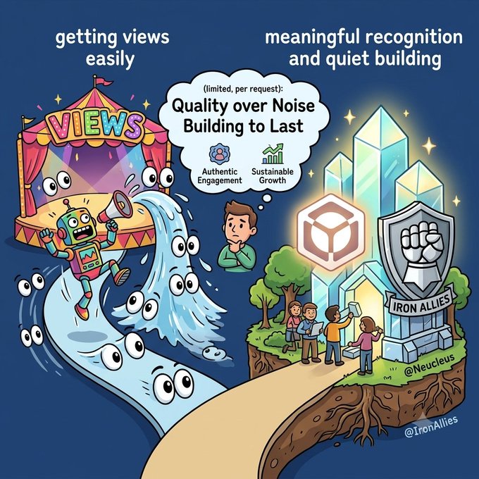 A cartoon illustration comparing 'getting views easily' with a flashy carnival to 'meaningful recognition and quiet building' with a serene crystal scene, featuring the text 'Quality over Noise Building to Last' and tags @Neucleus and @IronAllies.