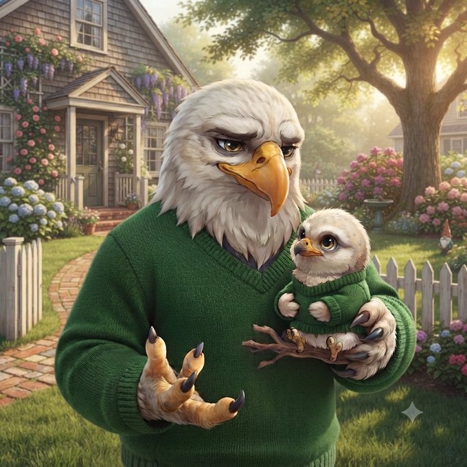 A digital illustration shows a large bald eagle in a green sweater holding a small baby eagle in a matching sweater, standing in a garden.