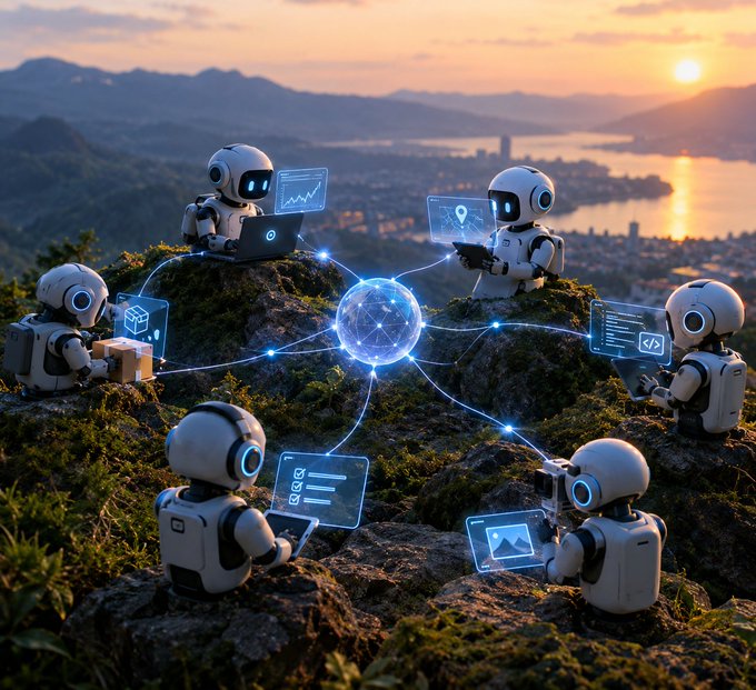 An AI-generated illustration of multiple white robots sitting on rocks, connected by a glowing network of blue lines around a central sphere, overlooking a sunset landscape.