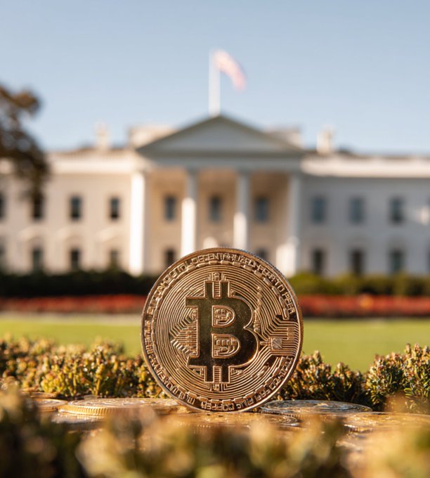 A physical Bitcoin replica sits on a small pedestal in the foreground, with the White House blurred in the background under a clear sky. The image symbolizes the intersection of cryptocurrency and federal policy, visually anchoring tomorrow's White House crypto summit that will bring together President Donald Trump and top regulators and industry executives from Coinbase, Ripple, Gemini, and major TradFi firms.
