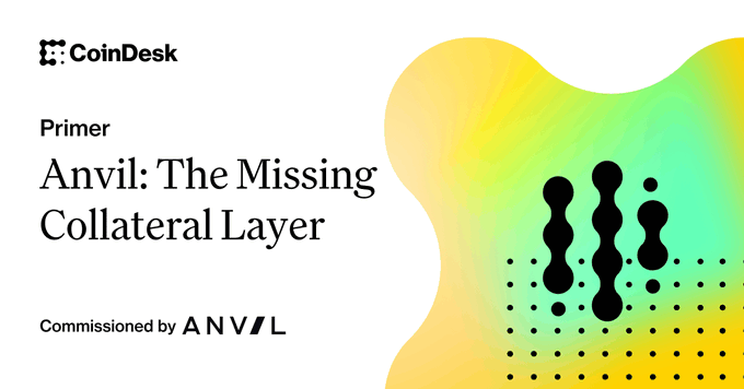 A CoinDesk Primer header titled 'Anvil: The Missing Collateral Layer,' commissioned by ANVIL, featuring an abstract yellow and green fluid graphic with black dotted patterns.