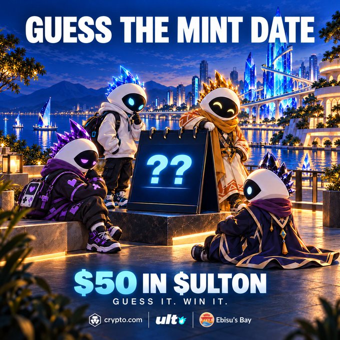 A promotional graphic reading "GUESS THE MINT DATE" with "$50 IN $ULTON" as the prize, featuring four cartoon robot characters in robes around a calendar showing "??", sponsored by crypto.com, ult, and Ebisu's Bay.