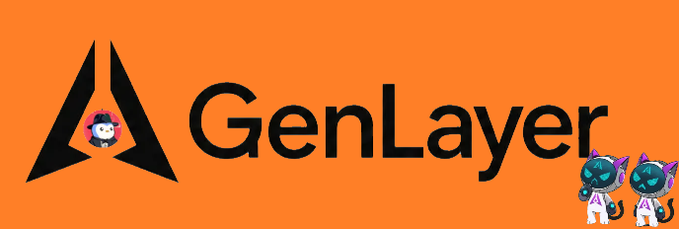 An orange banner displays the 'GenLayer' logo in black, featuring a stylized 'A' symbol with a small character peeking out, alongside two small cartoon mascots on the right.