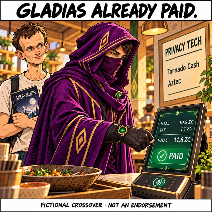 Illustrated image titled "GLADIAS ALREADY PAID" depicting a character in a purple hooded cloak paying at a terminal labeled "PRIVACY TECH" using Tornado Cash/Aztec, with a receipt for 11.6 ZC and the disclaimer "FICTIONAL CROSSOVER - NOT AN ENDORSEMENT."