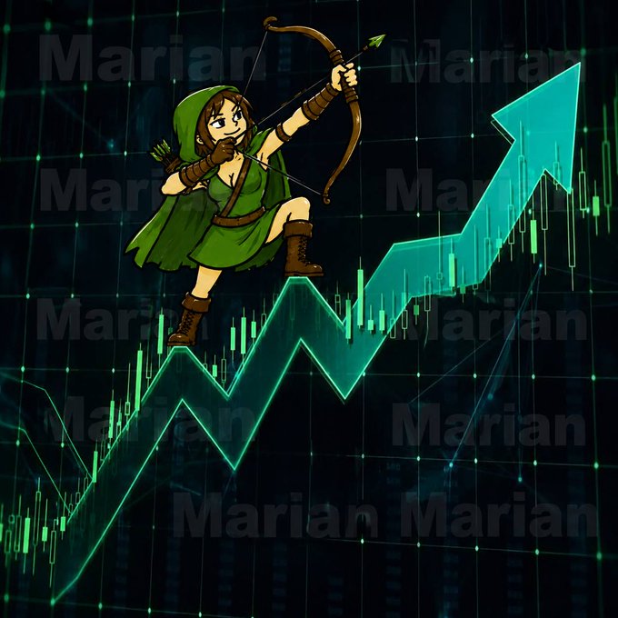 A cartoon archer in a green hood and cape (resembling Robin Hood/Lady Marian) stands triumphantly atop an upward-trending green candlestick chart with a rising arrow. The image is watermarked with "Marian" throughout and visually reinforces the post's branding of $MARIAN as the first meme token deployed on Robinhood Chain, pairing the legendary folklore character with bullish market imagery.