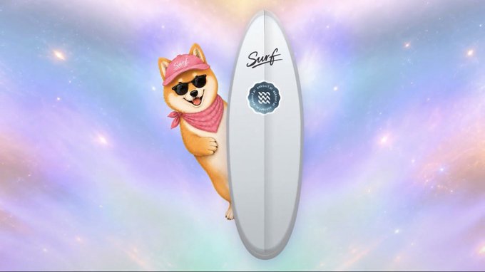 A cartoon Shiba Inu dog wearing a pink "Surf" cap, sunglasses, and bandana peeks out from behind a white surfboard against a pastel cosmic background.