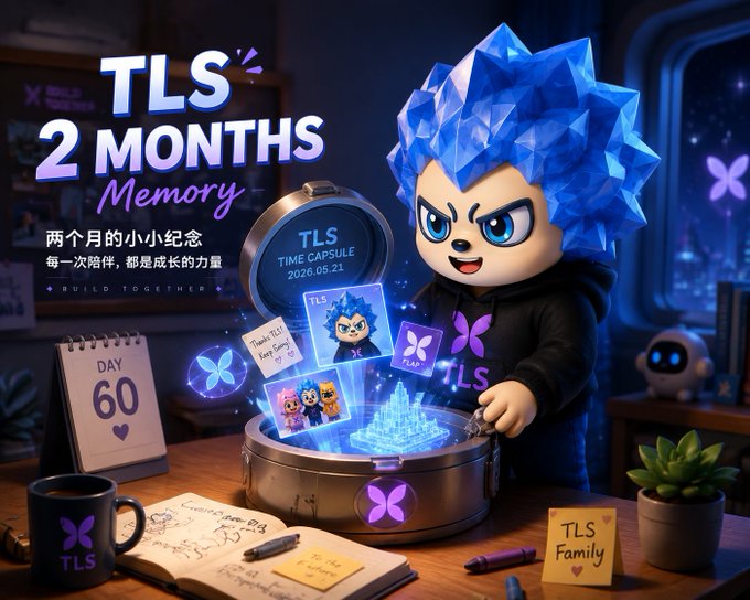 A promotional graphic celebrating 'TLS 2 MONTHS Memory' featuring a blue-haired chibi character opening a 'TLS TIME CAPSULE 2026.05.21' filled with holographic memories.