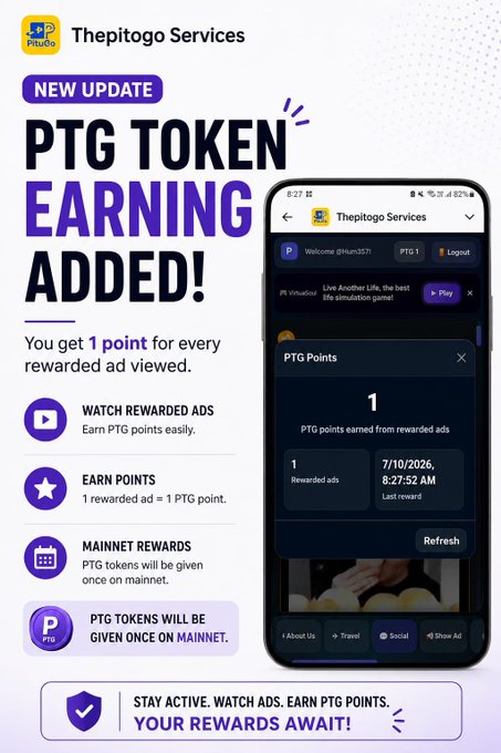 A new update to the Pitogo app adds PTG token earning; for every ad viewed, users earn one point. Users can track their PTG points within the app, such as the one point earned on July 10, 2026, at 8:27:52 AM, showing the app encourages staying active on the app to gain rewards.

The image aligns with the message "Pioneers, Pitogo is moving forward!" It showcases the app's constant growth and innovation. The app's new features, like earning PTG tokens from viewing ads easily, show the developers' endeavors to improve and renew the user experience after four years, which correlates with it being a winning app in a Hackathon. The developers' dedication to remaining active within the ecosystem prompts the app's users to participate and gain rewards.