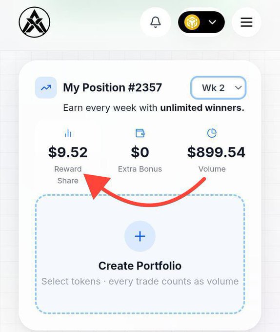 A mobile app screenshot titled 'My Position #2357' showing earnings of $9.52 Reward Share, $0 Extra Bonus, and $899.54 Volume, with a red arrow pointing to the reward share figure.