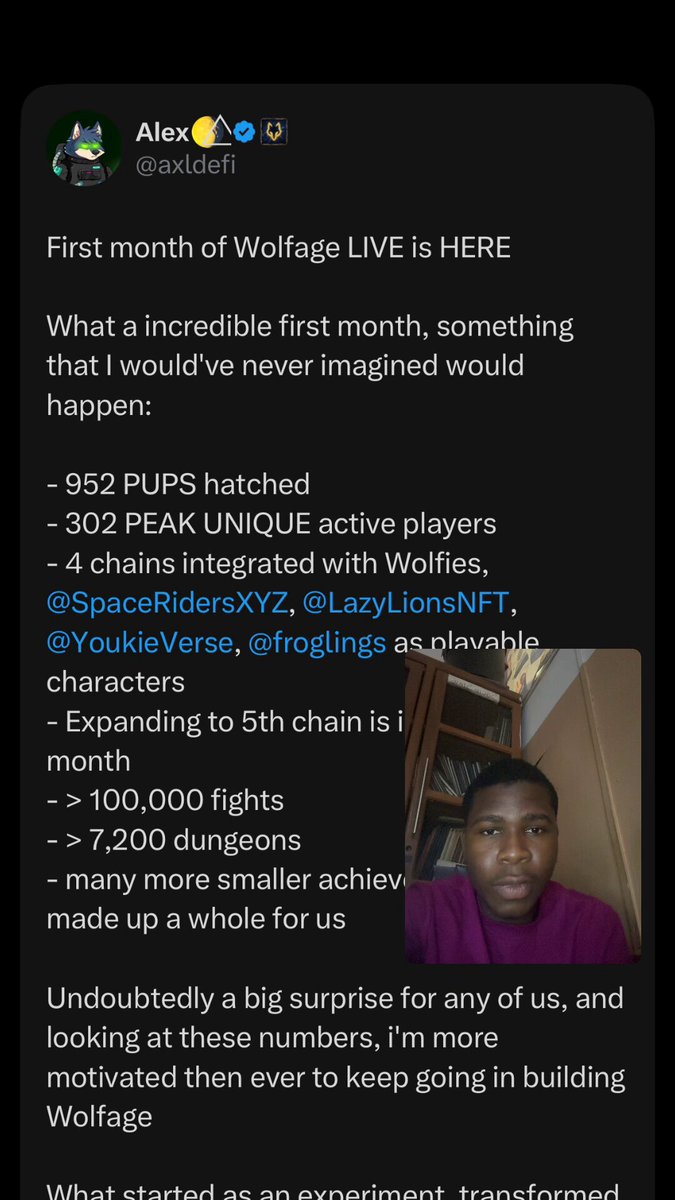 The image features a black Twitter screen displaying an explanation by an unknown person named Alex Y.X.Z. about a game called Wolfage. The screenshot also shows text from another user, which reads: "What a great start, I was hoping you could imagine how much this will improve".