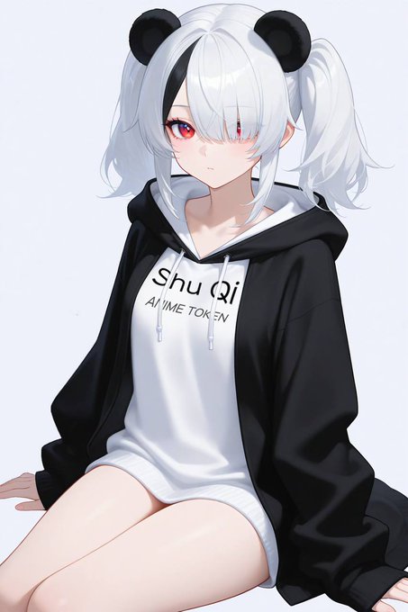 An anime-style illustration of a white-haired character with panda ear accessories wearing a black and white hoodie with "Shu Qi ANIME TOKEN" printed on it, visually promoting the cryptocurrency token by tying it to anime culture.
