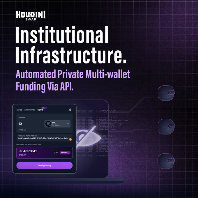 A purple-themed promotional image for 'Houdini Swap' advertising 'Institutional Infrastructure' with 'Automated Private Multi-wallet Funding Via API.'