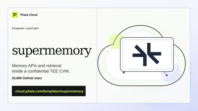 The image shows an advertisement for a service called "supermemory" that turns memory into an API layer for AI apps. The text in the image suggests that this service can be used by anyone who wants to deploy their memory datasets, retrieval logic, and workflow credentials as a TEE CVM (Certification of Trustworthiness). The post is about cloud computing and how it can help with supermemory.