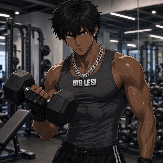 An anime-style muscular man with dark hair holds a heavy dumbbell in a gym, wearing a black tank top that reads 'BIG LEST' and a silver chain necklace.