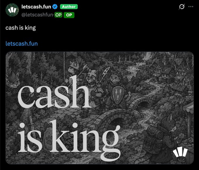 A promotional graphic for letscash.fun features the bold text "cash is king" overlaid on a black-and-white illustration of cartoon cats dressed as adventurers (a knight, a warrior with a shield, and an explorer), with the letscash.fun logo visible in the bottom right corner.

Image does not contain any visible text, numbers, tickers, or names related to the accompanying post.