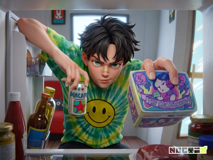 A stylized 3D anime illustration of a young man with black hair and a bandaged nose, wearing a tie-dye shirt, peering into a refrigerator and holding a bottle labeled 'MACAR' and a container labeled 'THE SAC BRAND' with a NICEE logo visible.
