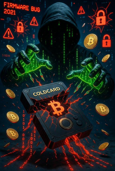 A dark, stylized illustration of a hooded hacker with glowing green hands reaching toward a 'COLDCARD' Bitcoin hardware wallet, surrounded by floating Bitcoin coins, padlock icons, and 'FIRMWARE BUG 2021' warnings in red.