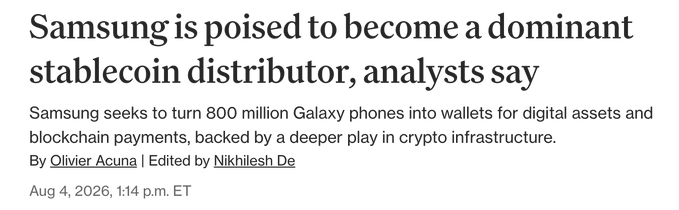 An article headline reading "Samsung is poised to become a dominant stablecoin distributor, analysts say," with a subheadline about Samsung turning 800 million Galaxy phones into wallets, authored by Olivier Acuna and dated Aug 4, 2026.