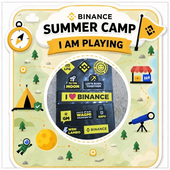 A promotional sticker design for "Binance Summer Camp - I AM PLAYING" featuring a treasure map background with a photo of various Binance-themed stickers in the center.