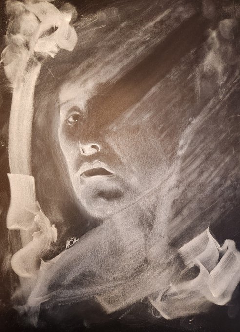 A sepia-toned, atmospheric portrait painting shows a close-up of a person's face looking upward, surrounded by swirling, ethereal brushstrokes.