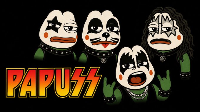Four cartoon duck-like characters dressed in rock band KISS-inspired makeup, with the text 'PAPUSS' displayed below them.