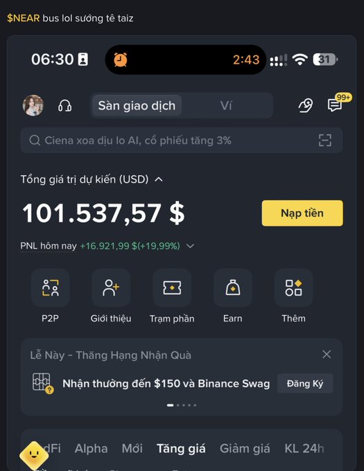 A Binance mobile app screenshot in Vietnamese showing a portfolio value of $101,537.57 with a daily PNL of +$16,921.99 (+19.99%) for $NEAR.