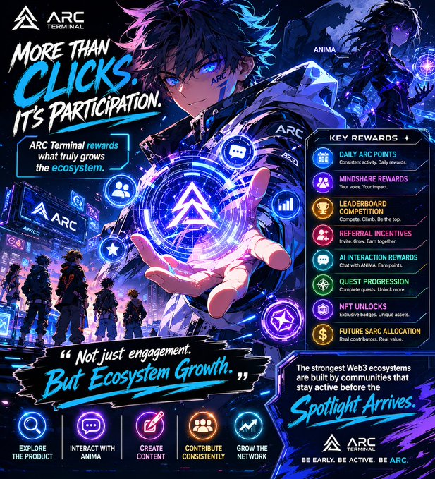 The image features a poster or flyer promoting an Arc terminal, which is a gaming console developed by Arc Terminal. The poster highlights the benefits of using the Arc terminal for gaming, such as rewards for participation across the entire ecosystem, leaderboard contests, and other incentives that encourage engagement with the platform. The poster also includes various game icons and logos to showcase the variety of games available on the Arc terminal.