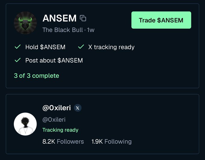 The image shows a profile card for "ANSEM" (The Black Bull) on the Bullpen platform displaying a "3 of 3 complete" status with all three tasks—Hold $ANSEM, X tracking ready, and Post about $ANSEM—checked off. Below it is a connected X account for @0xileri showing 8.2K followers with tracking ready status. This visually confirms the poster's claim that their $ANSEM posts are accumulating on the Bullpen platform.