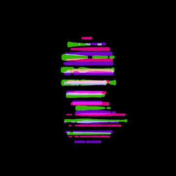 Abstract pixel art on a black canvas composed of horizontal green, magenta, and purple stripes forming a symmetrical, mask-like pattern.