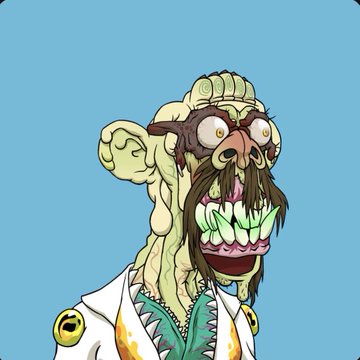 A cartoon illustration of a grotesque monkey-like character with bulging eyes and large teeth, wearing a white jacket with a smiley face pin.