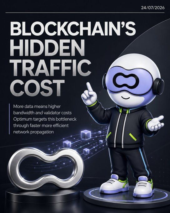 A graphic titled "BLOCKCHAIN'S HIDDEN TRAFFIC COST" featuring a cartoon mascot wearing VR-style goggles, with text explaining that "More data means higher bandwidth and validator costs" and dated 24/07/2026.