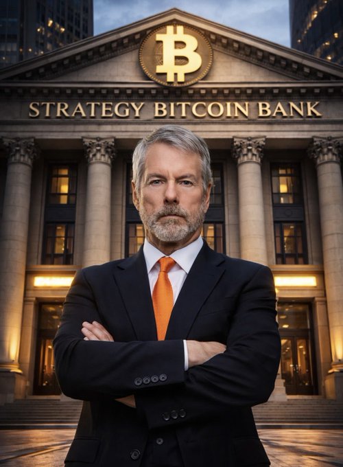 A confident man in a dark suit with an orange tie stands with arms crossed in front of a grand building labeled "STRATEGY BITCOIN BANK" featuring a Bitcoin logo above the entrance.

The image visually reinforces the post's headline by depicting Strategy (formerly MicroStrategy) as a fortified "Bitcoin Bank," with the suited figure symbolizing executive authority over potential Bitcoin sales to fund dividends, buybacks, and operations.