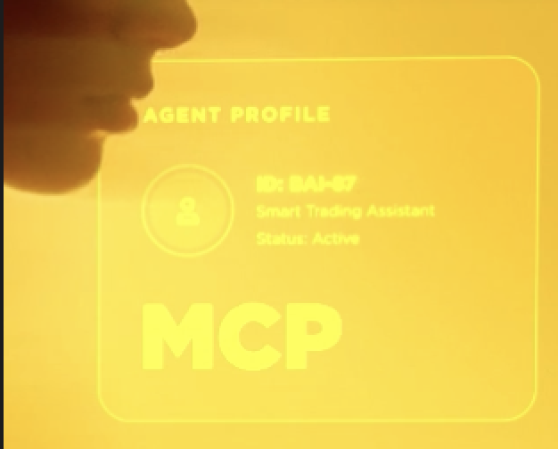 A glowing yellow holographic 'AGENT PROFILE' card displaying ID: BAI-07, titled 'Smart Trading Assistant' with an 'Active' status and 'MCP' branding.