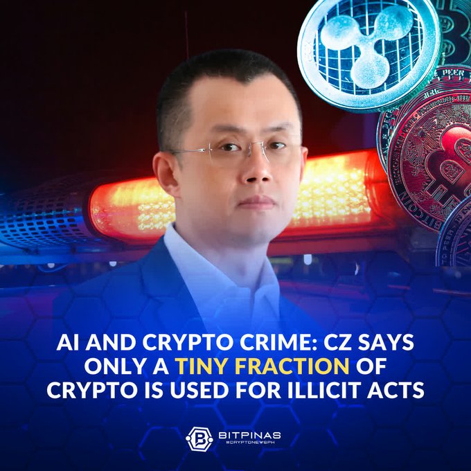 A news graphic from BITPINAS featuring a man in glasses and a suit against a blue background with police lights and XRP/Ripple logos, with text reading 'AI AND CRYPTO CRIME: CZ SAYS ONLY A TINY FRACTION OF CRYPTO IS USED FOR ILLICIT ACTS'.