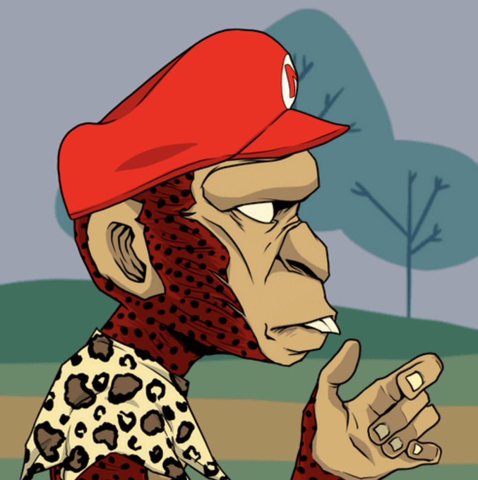 A cartoon illustration of an ape-like character with red spotted fur, wearing a red cap with a logo, and a leopard print shirt, gesturing with one hand.