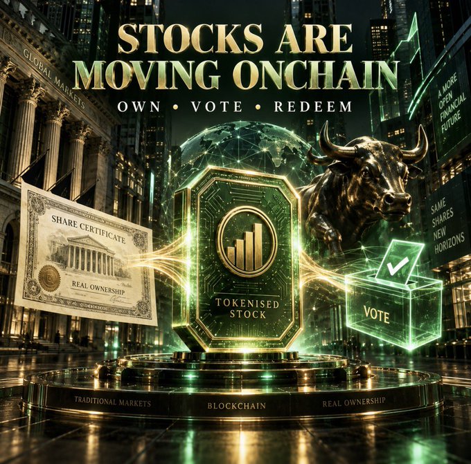 The image is a stylized digital illustration featuring a golden "Tokenised Stock" token at its center, flanked by a traditional "Share Certificate" on the left and a glowing "Vote" box on the right, with a charging bull statue in the background. Bold text at the top reads "STOCKS ARE MOVING ONCHAIN — OWN • VOTE • REDEEM," visually reinforcing the post's message about tokenized stocks gaining real ownership and shareholder voting rights on the blockchain.