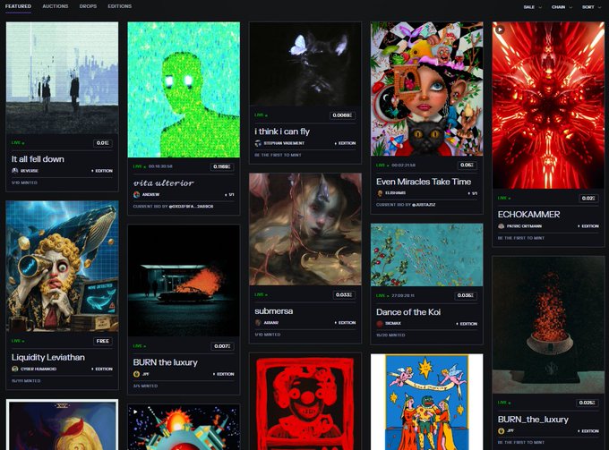 Screenshot of a digital art marketplace displaying a grid of NFT artworks with various titles like 'it all fell down', 'vita ulterior', 'submorse', and 'ECHOKAMMER', each showing artist names, bid prices, and countdown timers.
