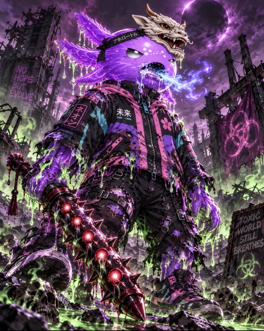 A vibrant cyberpunk-style digital artwork of a figure in purple armor with a wolf head helmet, holding a spiked weapon, surrounded by toxic green mist and skulls, with text including 'NO HOPE BUT EVOLVE' and 'TOXIC WORLD STILL BREATHES'.